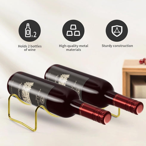Countertop Wine Rack, 2 Bottles Wine Storage, Metal Wine Holder, Cup and Water Bottle Organizer for Cabinet, Pantry, Gold...