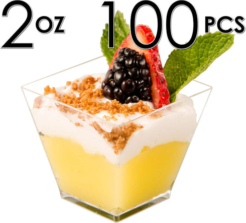DLux 100 x 2oz Square Mini Dessert Cups (No spoons), Clear Plastic Parfait Appetizer Cup - Small Reusable Serving Bowl for Tasting Party Desserts ...