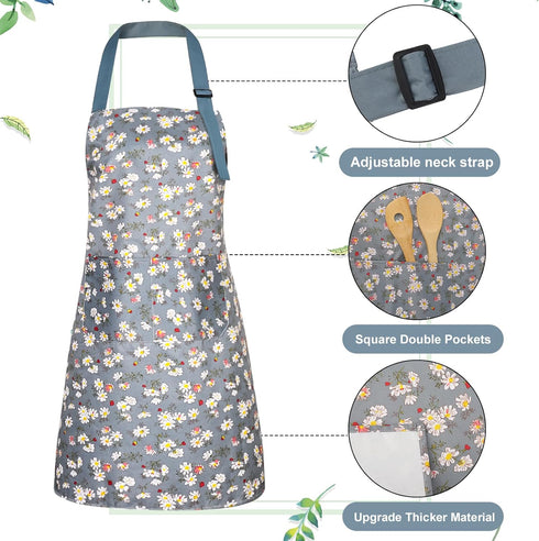 3 Pcs Daisy Floral Aprons with pockets, Waterproof Apron for women, Kitchen Cooking Apron Adjustable Bib aprons Soft Chef Apron for Cooking, Drawi...