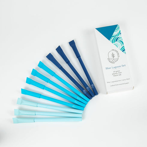 eco-friendly pen - crafted from 100% recycled paper, plastic-free, black Ink, pack of 10, Blue Lagoon set...