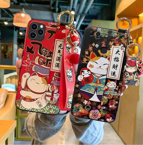 Compatible with iPhone 7/8/se3 2022 Case with Phone Lanyard, 4.7 inch Cute Japanese Lucky Cat Design, Glitter Luxury 3D Emboss Phone Case with Wri...