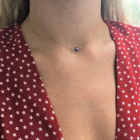 Tasiso 14K Gold Plated Evil Eye Choker Necklace Blue White CZ Diamond Eye Pendant Necklace Cute Boho Tiny Evil Eye Protection Necklace for Women M...