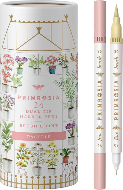 Primrosia 24 Pastel Dual Tip Markers, Fine Tip and Brush Pens. Perfect for art, illustration, drawing, calligraphy and bullet journals...