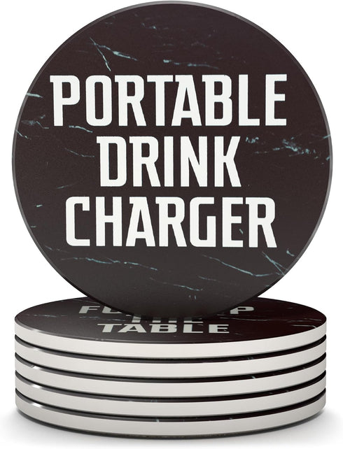 Clever & Funny Coasters for Drinks Absorbent with Box Holder - 6 Piece Ceramic Black Marble Coaster Set - Man Cave Decor...
