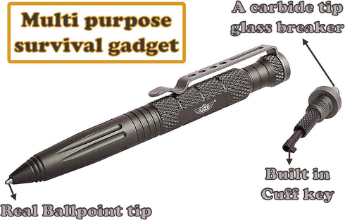UZI Tactical Pen with CuffKey in The Cap, Refillable Ultra Durable Aircraft Aluminum (UZI-TACPEN6-GM) Ballpoint Pen Writing Tactical Pen Survivor ...
