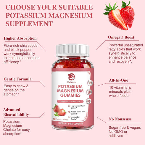 Potassium Magnesium Gummies - High Absorption Magnesium Glycinate 500mg & Potassium Citrate 200mg Plus Omega 3, B6, D3, K2 & Calcium - Chewable Gu...