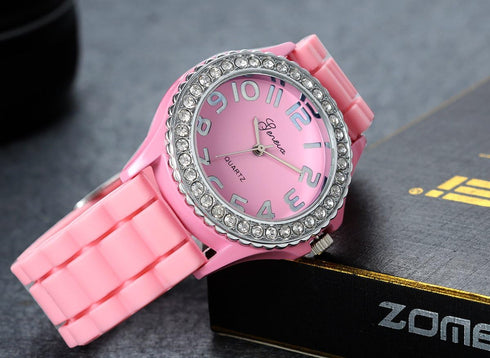 Lancardo Silicone Ceramic Style Pink Wrist Watch Silver Trim and Sparkly Rhinestones Surround Bezel Women's Wristwatch...