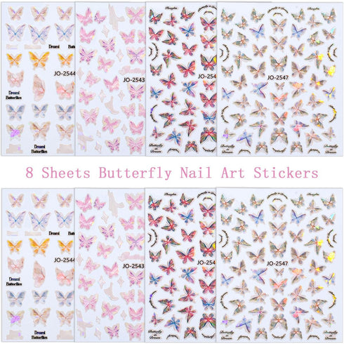 Butterfly Nail Art Stickers Nail Decals 8 Sheets 3D Self-Adhesive Laser Butterfly Design Nail Decals Holiday Nail Art Decorations Butterfly Manicu...
