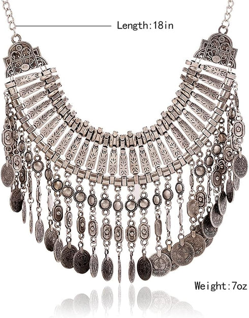 LUREME Boho Coin Statement Necklace for Women, Collar Choker Long Tassel Ethnic Gypsy Chunky Necklace (nl006294)...