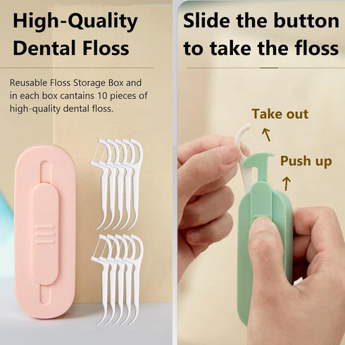 Dental Floss Picks with 2 Portable Cases,Automatic Floss Pick Dispenser Storage 10 Picks Adult Floss,Reusable Refillable Travel Floss Box (White)...