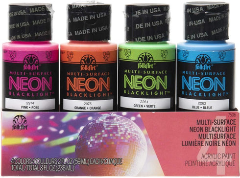 FolkArt 4 Bottle Multi-Surface Acrylic Paint Set, 2oz, Neon Blacklight Colors...