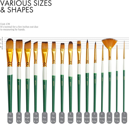 ARTIFY 2023 New Paint Brush Set, 15 Pcs Paint Brush Set for Acrylic Watercolor Oil and Gouache Painting - Green & White...