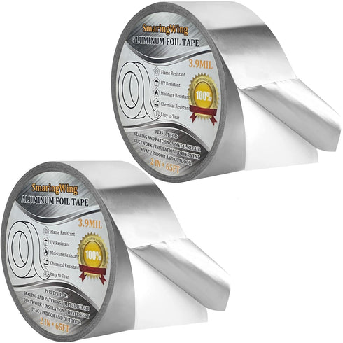 2PCS Premium Aluminum Foil Tape, Silver Metal Duct Tapes (2" x65Feet,3.9mil) with Adhesive Backing, High Temperature Heavy Duty Insulation Tape fo...