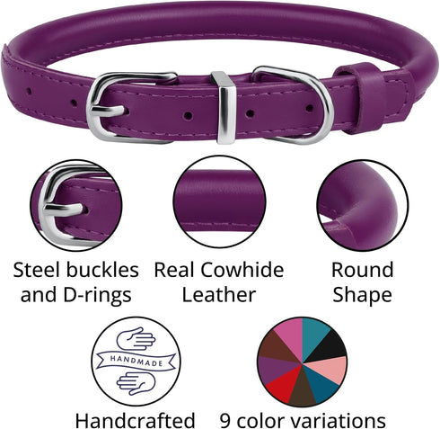 BRONZEDOG Rolled Leather Dog Collar for Small Medium Large Dogs with QR ID Tag (L: 16-18 Inch, Plum)...