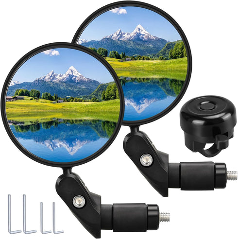 Handlebar Bike Mirror, 2pcs Bicycle Rearview Mirror with 1pcs Bike Bell, HD Safety Bike Rear View Mirror, Adjustable Handlebar Mounted Convex Mirr...
