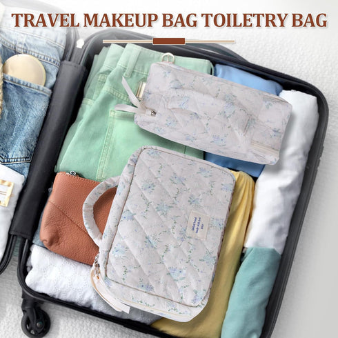 Large Quilted Makeup Bag,Floral Cotton Cosmetics Bag Toiletry Bag for Women Girls, Aesthetic Cute Coquette Travel Makeup Essentials Organizer Bag ...