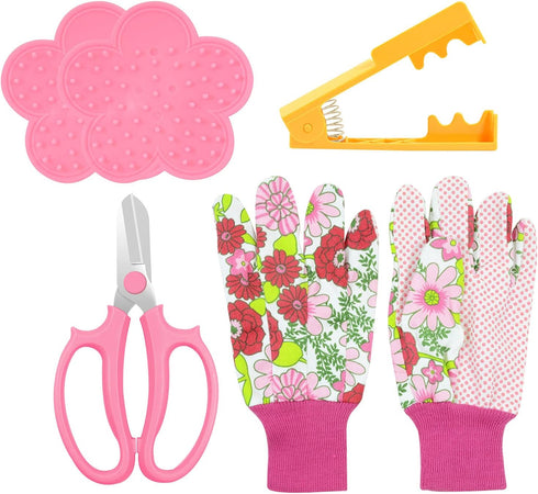 5PCS Rose Thorn Tools Rose Leaf Thorn Strippers with a Rose Pruning Shears and Garden Rose Gloves Pink1...