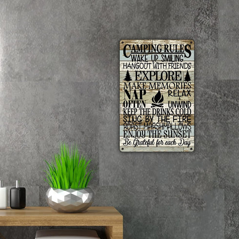 QIONGQI Funny Camping Rules Metal Tin Sign Wall Decor Farmhouse Rustic Camping Signs with Sayings for Home Camper Room Decor Gifts...