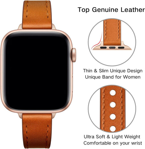 OUHENG Slim Bands Compatible with Apple Watch Band 42mm 41mm 40mm 38mm, Women Genuine Leather Replacement Thin Strap for iWatch SE2 SE Series 10 9...