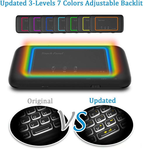 ILEBYGO 2.4Ghz H20 Mini Wireless Keyboard and Touchpad Mouse Combo,7 Colors Adjustable, Rechargeable Auto-Rotation of Touch Panel Handheld Remote ...