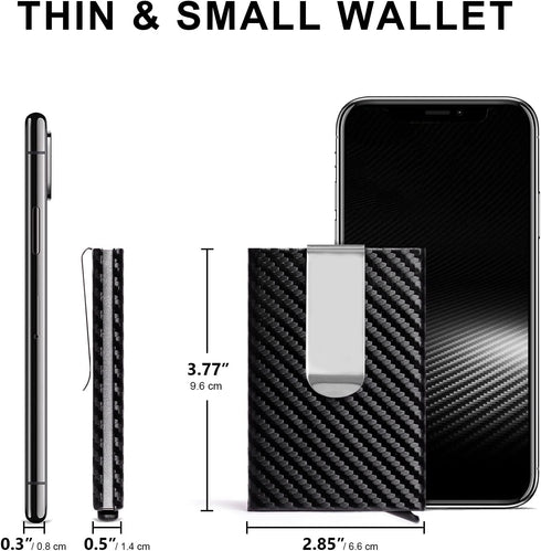 Slim Wallet for Men with Money Clip and Credit Card Holder, RFID Blocking Carbon Fiber Wallet,Minimalist Pop-Up Metal Front Pocket Wallet. (Black)...