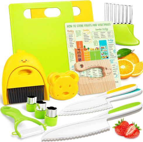 Suhctuptx Kids Knife Set For Real Cooking, Kids Kitchen Knives with Cutting Board Crinkle Cutters Food Conversion Chart & Cleaning Tools, Christma...