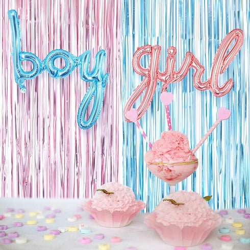 Gender Reveal Decoration Set - Metallic Fringe Curtains + BOY Girl Foil Balloons Gender Reveals Party Photo Backdrop (Pink/Blue)...