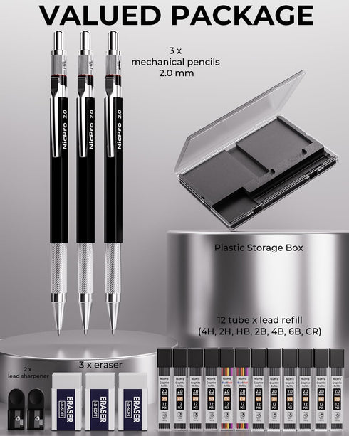 Nicpro 2mm Metal Mechanical Pencil Set with Case, 3PCS Lead Pencil Holder 2.0 mm with 144PCS Lead Refills (4H 2H HB 2B 4B 6B Color), Eraser, Sharp...