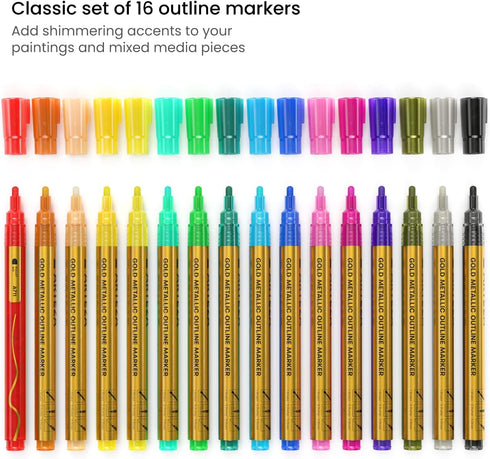 Arteza Double Outline Markers, 16 Colours, Gold Marker Pens, Create Metallic Lines with Vivid Colour Outlines, Work on Cards, Paper, and Canvas...