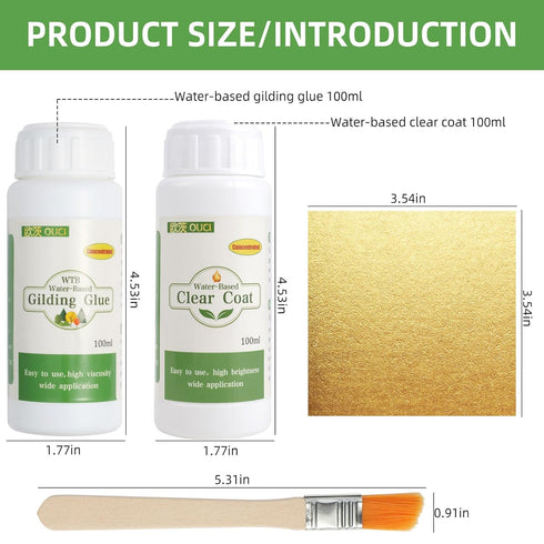 Gold Leaf Adhesive Set, 100ml Water Based Metal Leaf Glue and 100ml Protective Varnish, Gold Leaf Sheets 100 pcs, 2 Brushes, for Craft, Painting a...