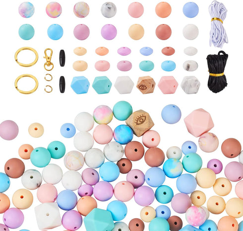 FASHEWELRY 122Pcs Pastel Silicone Beads for Keychain Making Colorful Round Silicone Focal Beads Abacus Hexagon Rubber Beads for DIY Crafts Jewelry...