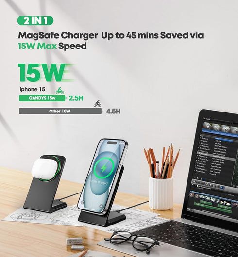 Magnetic Wireless Charger 15W Fast Mag-Safe Charger Stand for iPhone 15/14/13/12 Series Magnet Wireless Charging Station with Sleep-Friendly Adapt...
