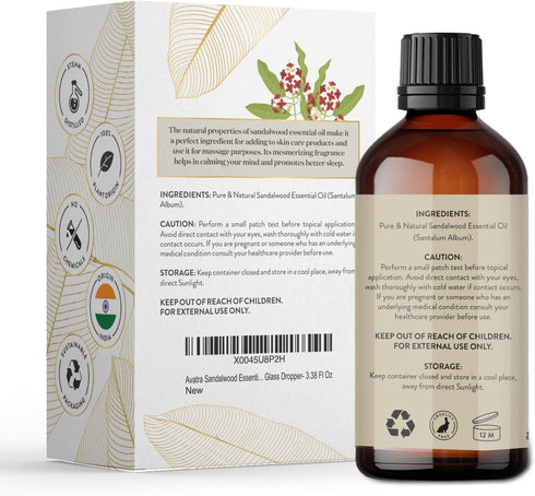 Avatra Sandalwood Essential Oil for Skin, Aromatherapy, & Diffuser | Natural Oil for Humidifier, Soap, & Candle Making | Premium Grade with Glass ...