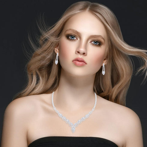 Yolev Bridal Wedding Jewelry Sets Bride Rhinestone Necklace Earrings Set Prom Jewelry Set Party Jewelry Set for Women...