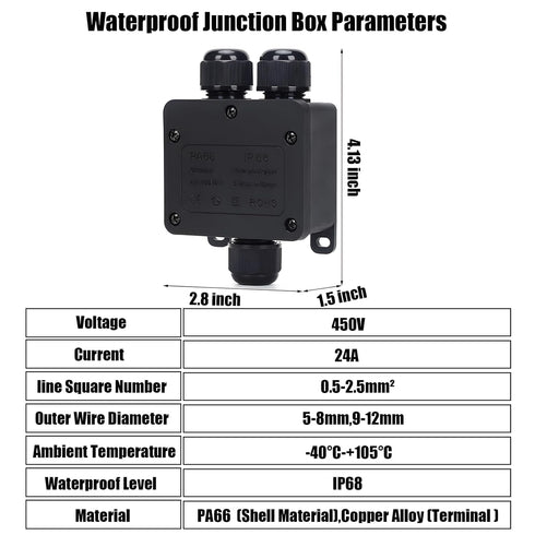 Waterproof Junction Box, 3 Way Outdoor Junction Box, IP68 Plastic Electrical Box with Terminal Block, Suitable for LED Landscape Lighting, Garden ...