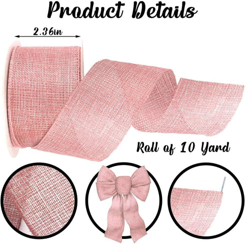 Pink Burlap Spring Summer Ribbon for Bows Making,Gift Wrapping,Wedding 2.4" X 10 Yard Wired Ribbon for Wreath Bows Baby Shower Crafts Home Party T...