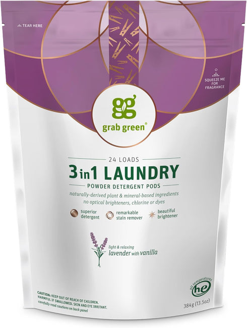 Grab Green 3-in-1 Laundry Detergent Pods, 24 Count, Lavender Vanilla Scent, Plant and Mineral Based, Superior Cleaning Power, Stain Remover, Brigh...
