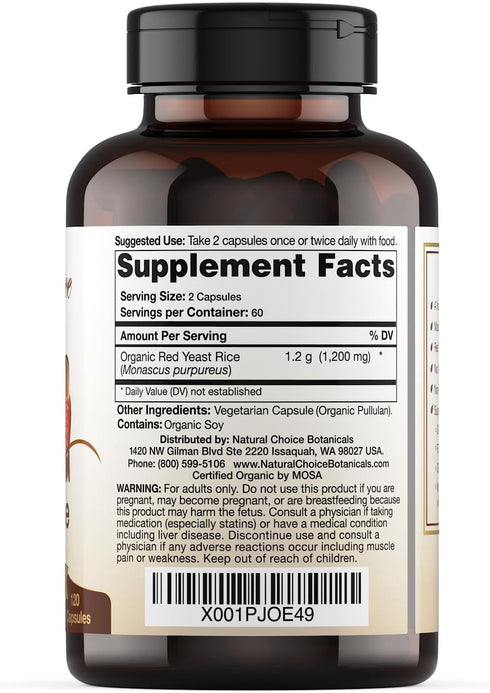 Certified Organic Red Yeast Rice Supplement - 120 Capsules, 2 Month Supply...