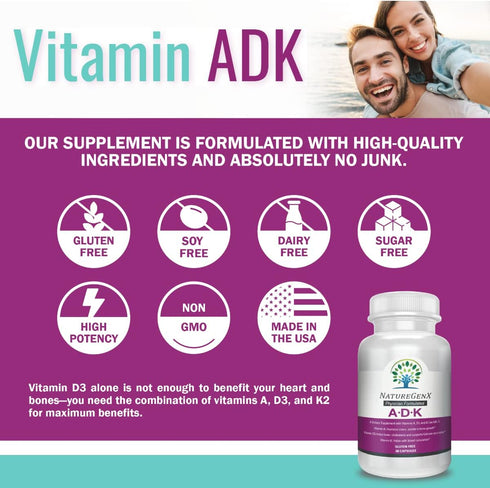 ADK Vitamin Supplement 5000 IU - High Potency Vitamins A, D3, and K2 for Bone Health and Calcium Absorption | Gluten-Free Vitamin ADK Supplement, ...