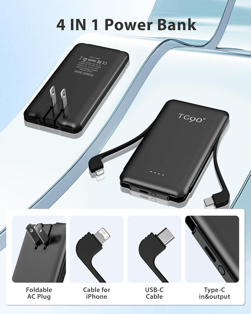 TG90° Power Bank Portable Phone Charger, 5000mAh Lightweight Battery Pack with Built-in AC Wall Plug and Cables, Ultra Mini Battery Charger Compat...