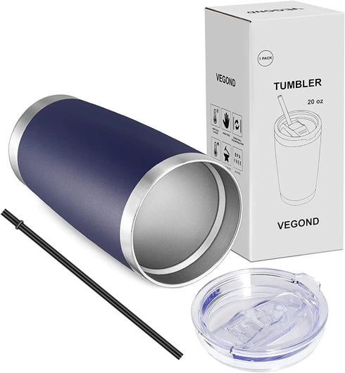 VEGOND 20oz Tumbler with Lid and Straw Stainless Steel Tumbler Cup Vacuum Insulated Double Wall Travel Coffee Mug Powder Coated Coffee Cup(Navy Bl...