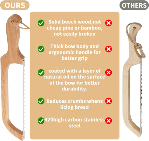 Bread Slicer for Homemade Bread,16" Wooden Bread Bow Knife Serrated Slicer, Premium Stainless Steel Serrated Saw Sourdough Bread Cutter for Bagels...