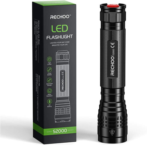 RECHOO High-Powered LED Flashlight S2000, Upgraded Powerful 2000 High Lumens Flashlights with 3 Modes, Zoomable, Water Resistant Flash Light for H...