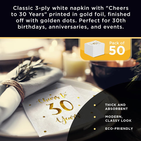 Cheers to 30 Years Cocktail Napkins | Happy 30th Birthday Decorations for Men and Women and Wedding Anniversary Party Decorations | 50-Pack 3-Ply ...
