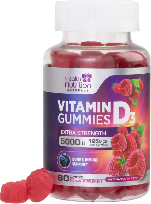 Vitamin D3 Gummies Extra Strength 5000 IU (125 mcg) - Bone, Teeth, Muscle & Immune Support Vitamin D Gummy Dietary Supplement, Nature's Berry Vita...
