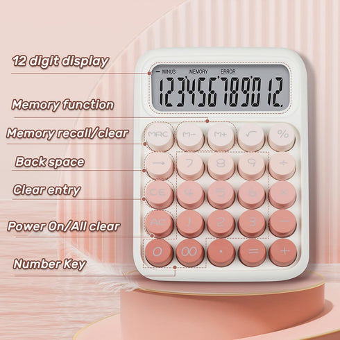 FIOVER Mechanical Switch Calculator, 12 Digits, Large LCD Display, Cute Pink Desktop Calculator with Big Buttons, Aesthetic Calculator for Office,...