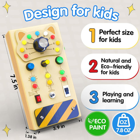 POLKRANE Toddler Montessori Travel Toys - Wooden Busy Board with LED Light,Switch Toy for Baby Sensory Play, Educational & Learning Toys for Kids ...