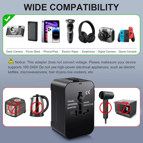 Universal Worldwide Travel Adapter,International Travel Plug Adapter with 2 USB Port and AC Socket,All in One Travel Adapter Power Adapter for US ...