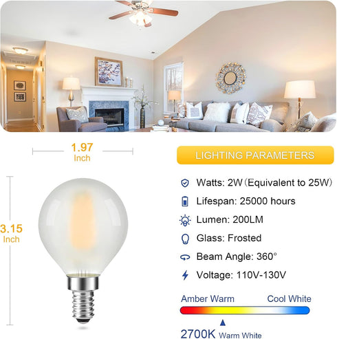 Frosted E12 LED Edison Bulbs 25W Equivalent, Small Candle Base, 2700K Soft Warm White, E12 LED Bulb Dimmable, G16.5/G50 Chandelier Light Bulbs, 2W...