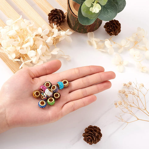 Cheriswelry 100pcs Crystal Rhinestone Pave European Beads Mixed Large Hole Rondelle Slide Charm Bracelet Snake Chain Beads with Golden Metal Core ...